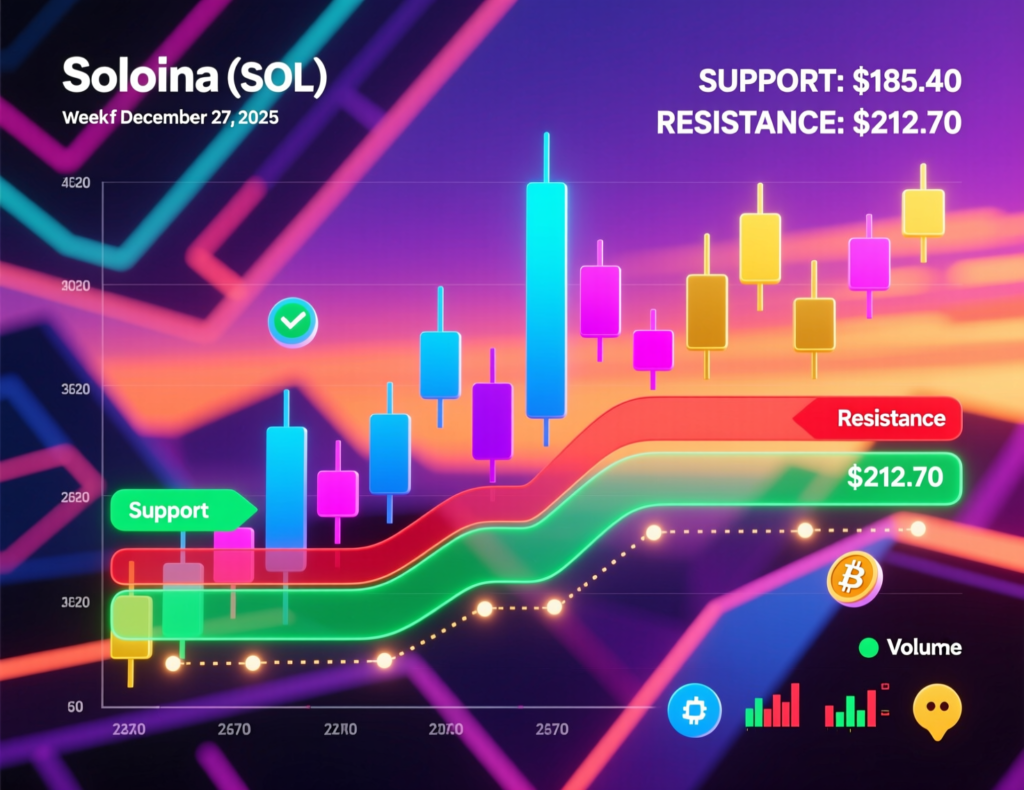 Solana Weekly Update (Dec 27, 2025): SOL Holds $120 Support as ETFs and On-Chain Activity Stay Strong 2 “Technical chart concept for Solana price analysis this week highlighting 120 dollar support and 130–135 resistance zone”