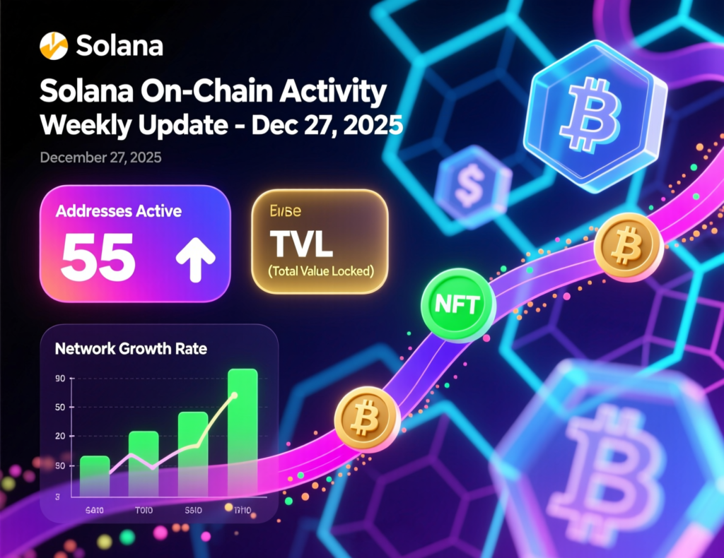 Solana Weekly Update (Dec 27, 2025): SOL Holds $120 Support as ETFs and On-Chain Activity Stay Strong 3 “Visualization of Solana on-chain activity with active addresses and DeFi volume for the weekly update in December 2025”