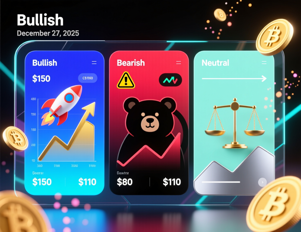 Solana Weekly Update (Dec 27, 2025): SOL Holds $120 Support as ETFs and On-Chain Activity Stay Strong 5 “Scenario illustration for Solana weekly update showing bullish, neutral and bearish price paths into 2026”