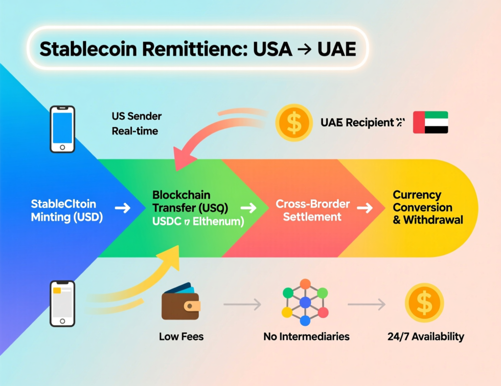 Step-by-step flow of a stablecoin remittance from USA to UAE using blockchain