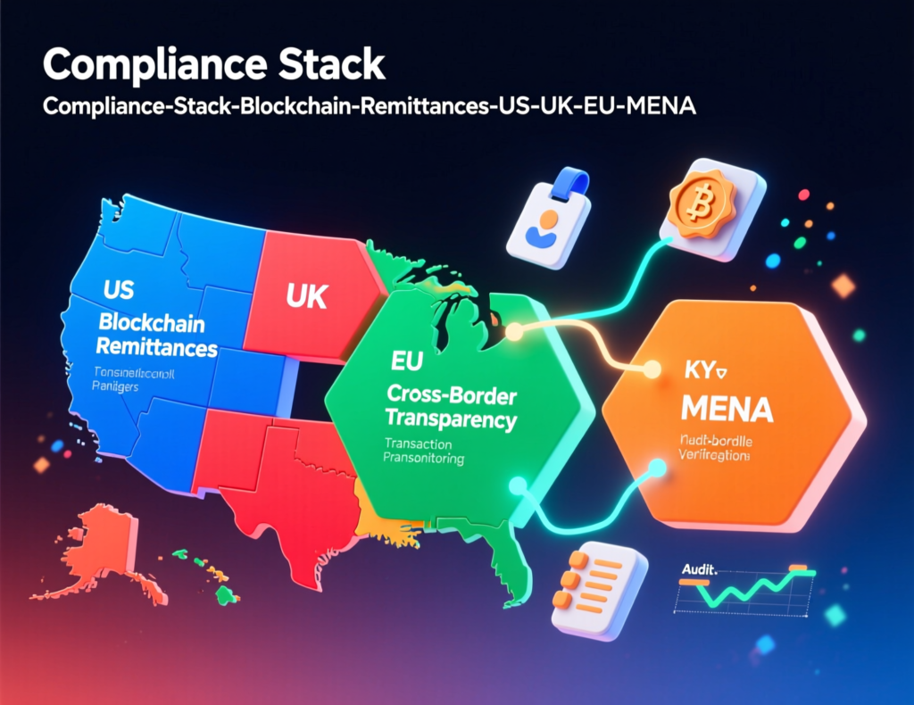 Compliance and licensing stack for blockchain remittances from US, UK and EU to MENA