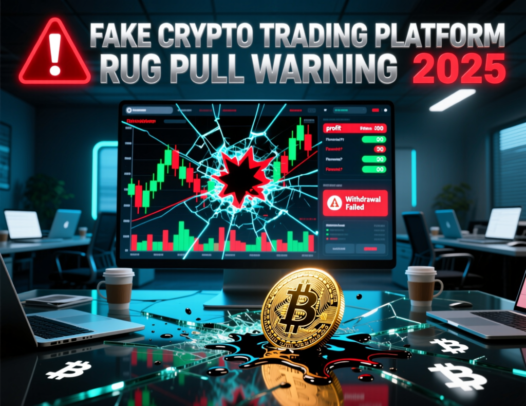 Fake crypto trading platform interface showing rug-pull red flags