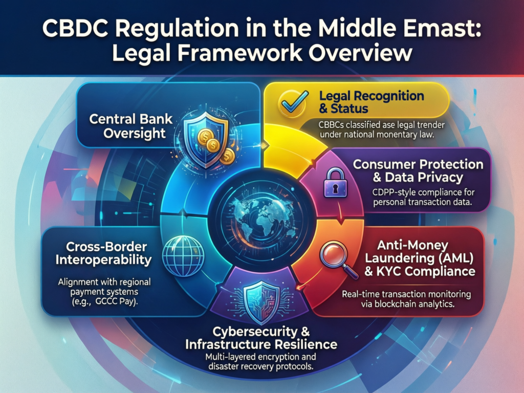 Legal framework diagram for digital dirham and digital riyal CBDC regulation in the Middle East