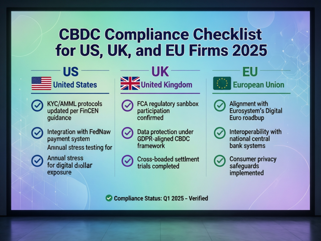 Compliance checklist for US, UK and EU firms adopting digital dirham and digital riyal