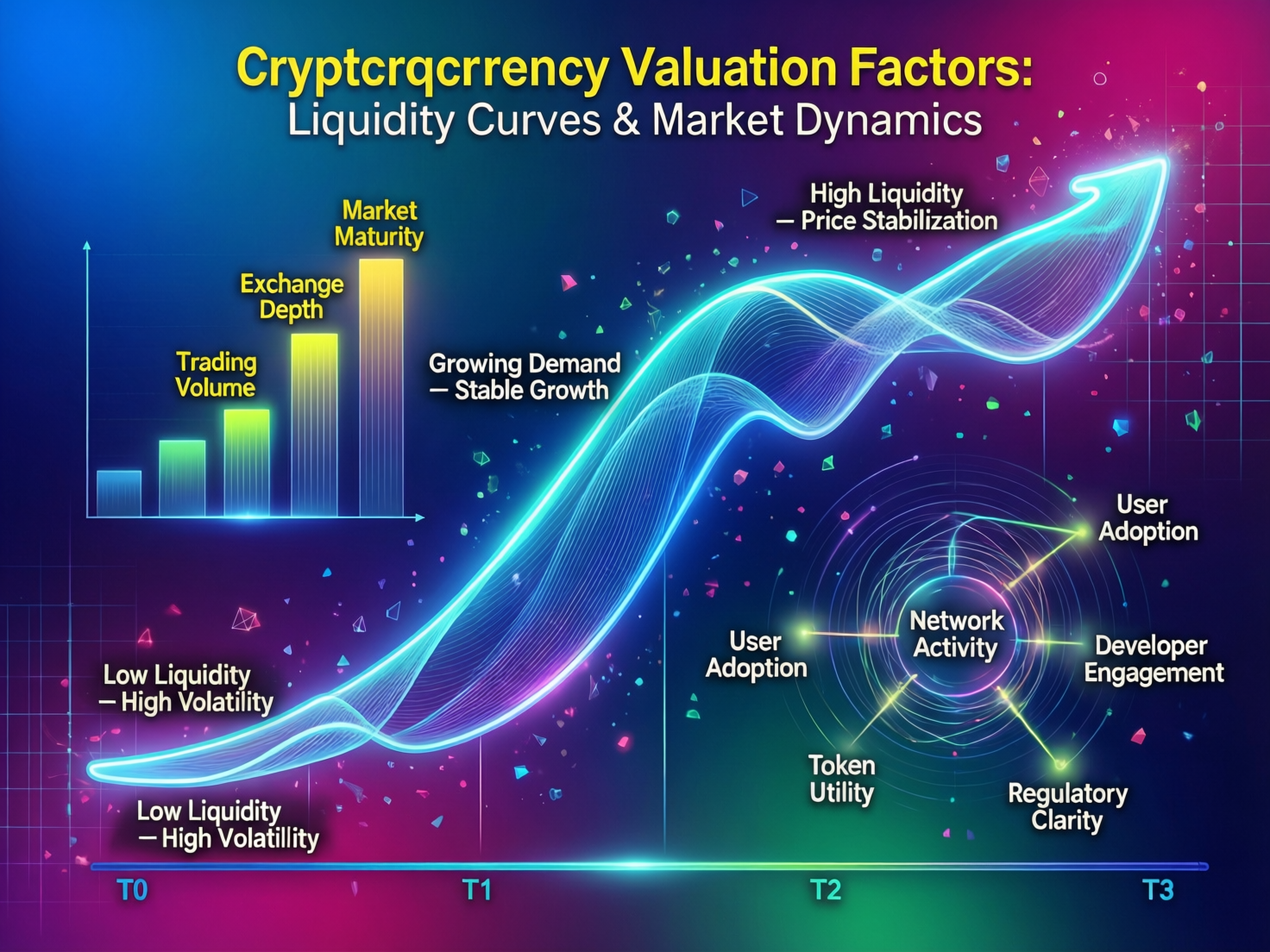 Chart explaining cryptocurrency valuation factors across supply, utility, and liquidity