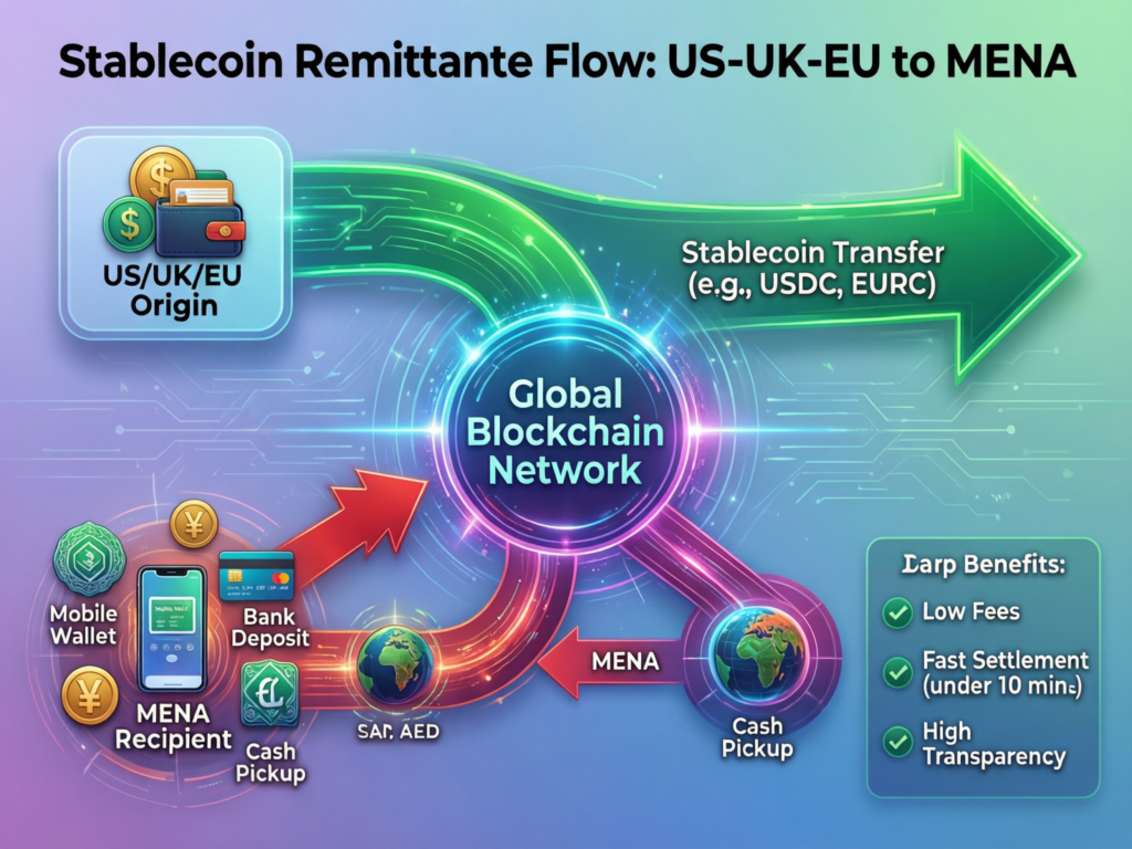 Financial Inclusion With Crypto in MENA: A Practical Guide 3 Stablecoin remittance flow showing how financial inclusion with crypto in MENA works end-to-end