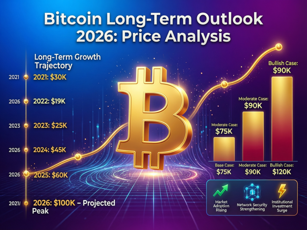 “Long-term Bitcoin outlook 2026 with city skyline and digital network representing global adoption”