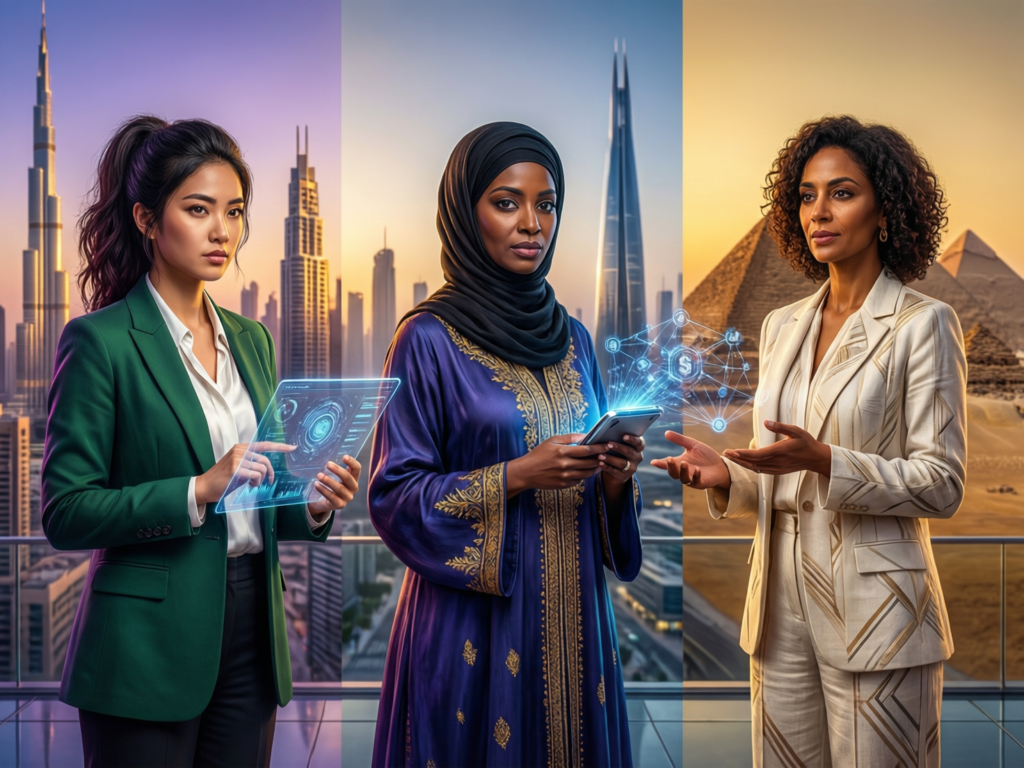 Arab women crypto founders collaborating in Dubai, Riyadh and Cairo on Web3 startups