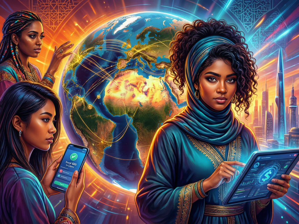 Illustration of women in MENA using crypto wallets for remittances and financial inclusion