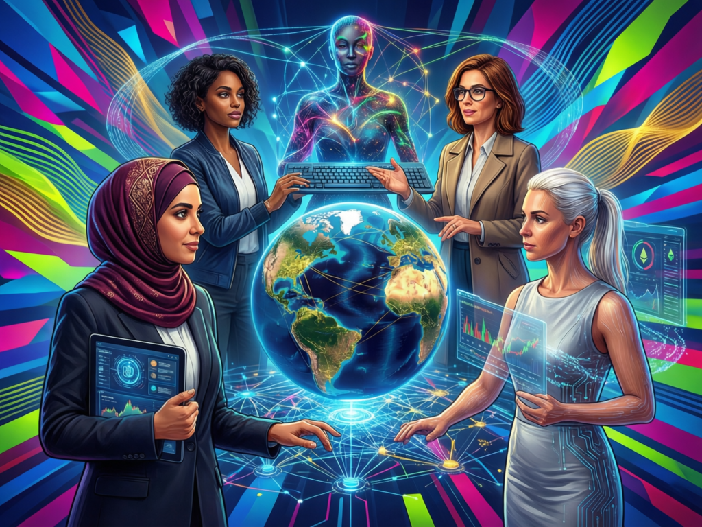 Women in crypto from MENA, US, UK and Europe collaborating remotely on Web3 projects