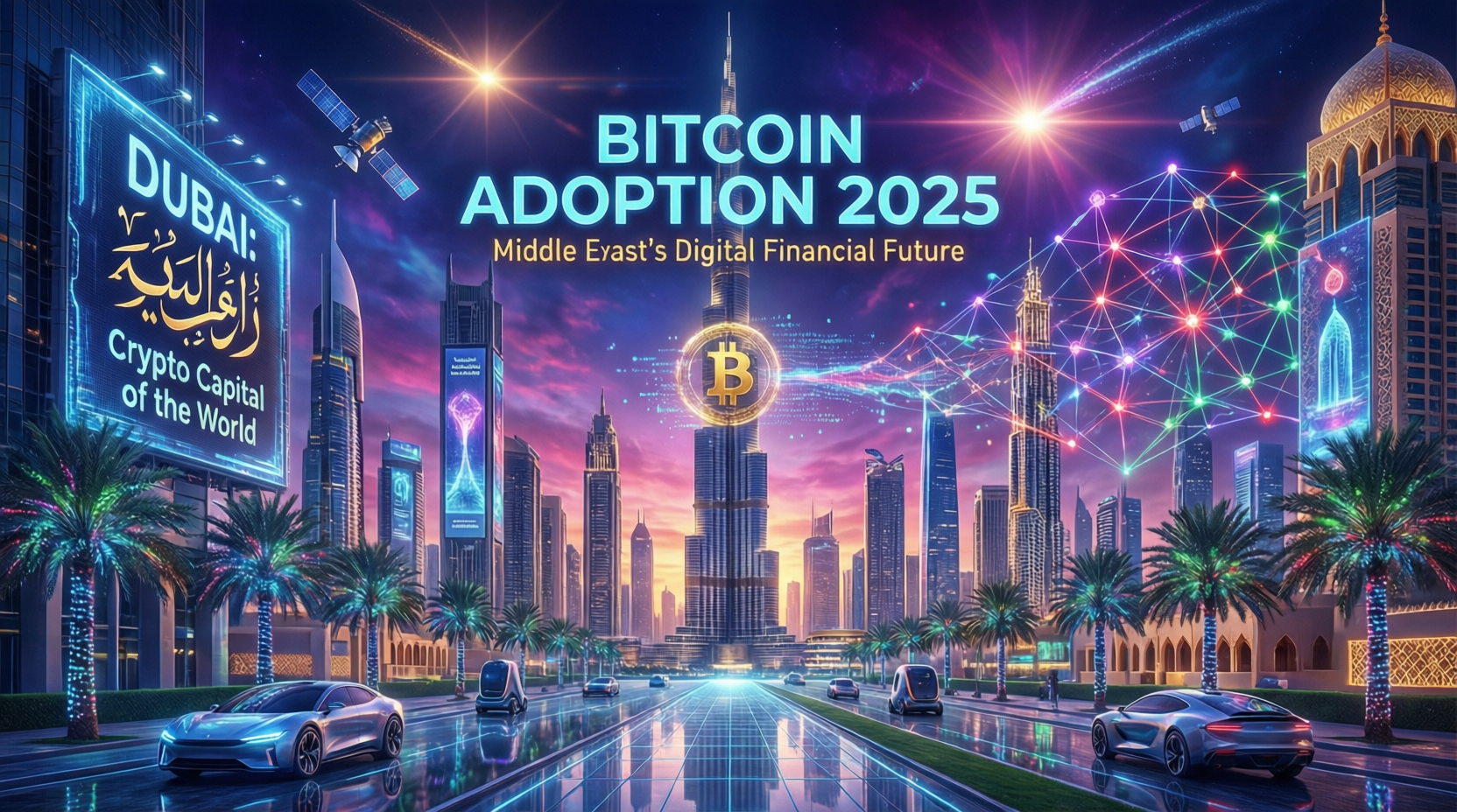 Dubai and Abu Dhabi skyline with bitcoin icons showing Middle East bitcoin adoption as digital gold.