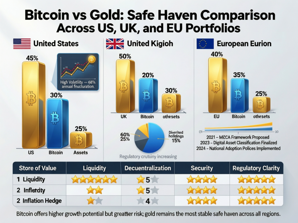 Comparison of bitcoin vs gold as safe-haven assets for US, UK and EU investors.