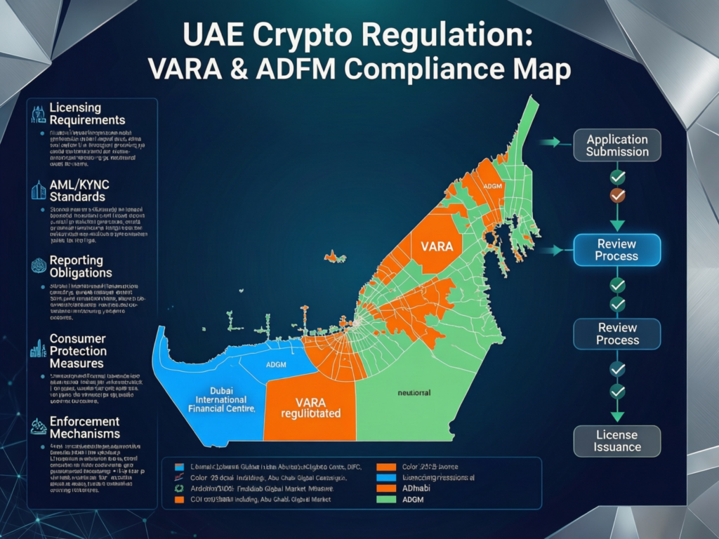 Visual map of UAE crypto regulation highlighting VARA and ADGM hubs for Middle East bitcoin adoption.