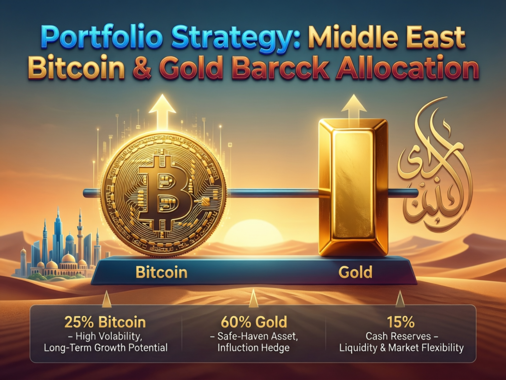 Barbell portfolio strategy balancing gold and bitcoin exposure linked to Middle East adoption.