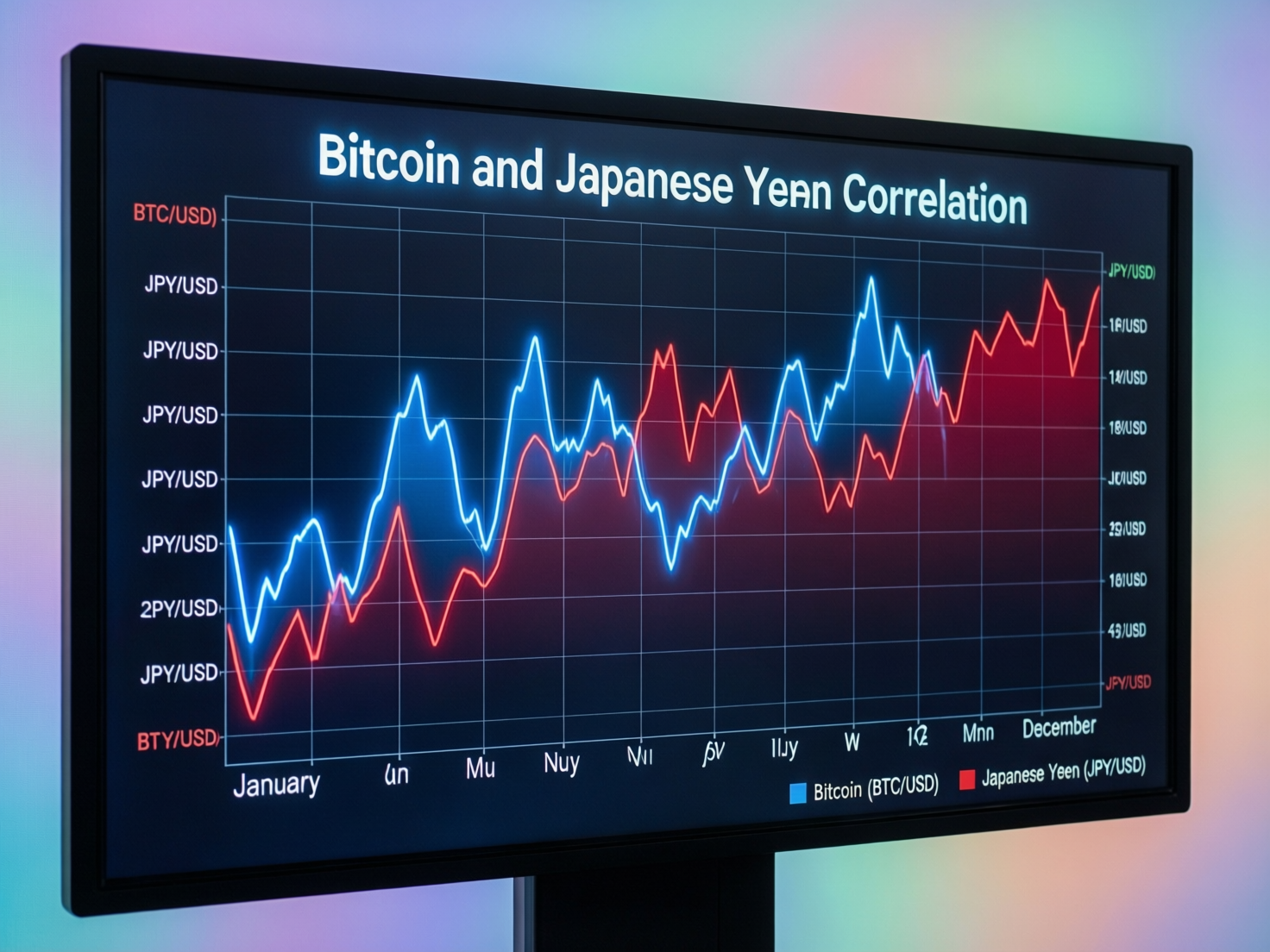 Line chart showing bitcoin and Japanese yen correlation at a record high