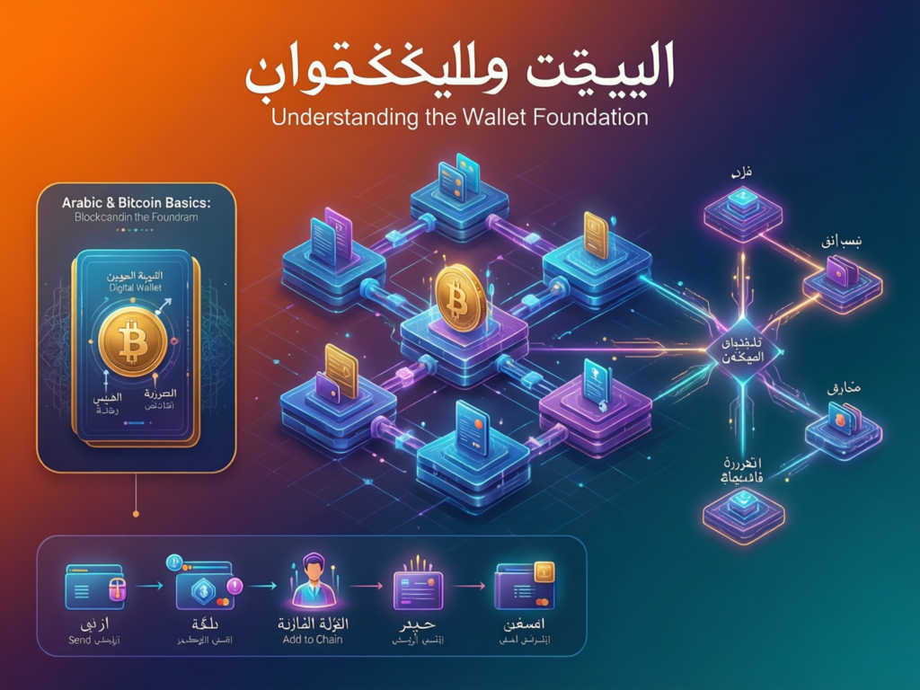 Best bitcoin course in Arabic for beginners 2 Simple Arabic-friendly diagram showing Bitcoin blockchain, blocks, miners and wallets