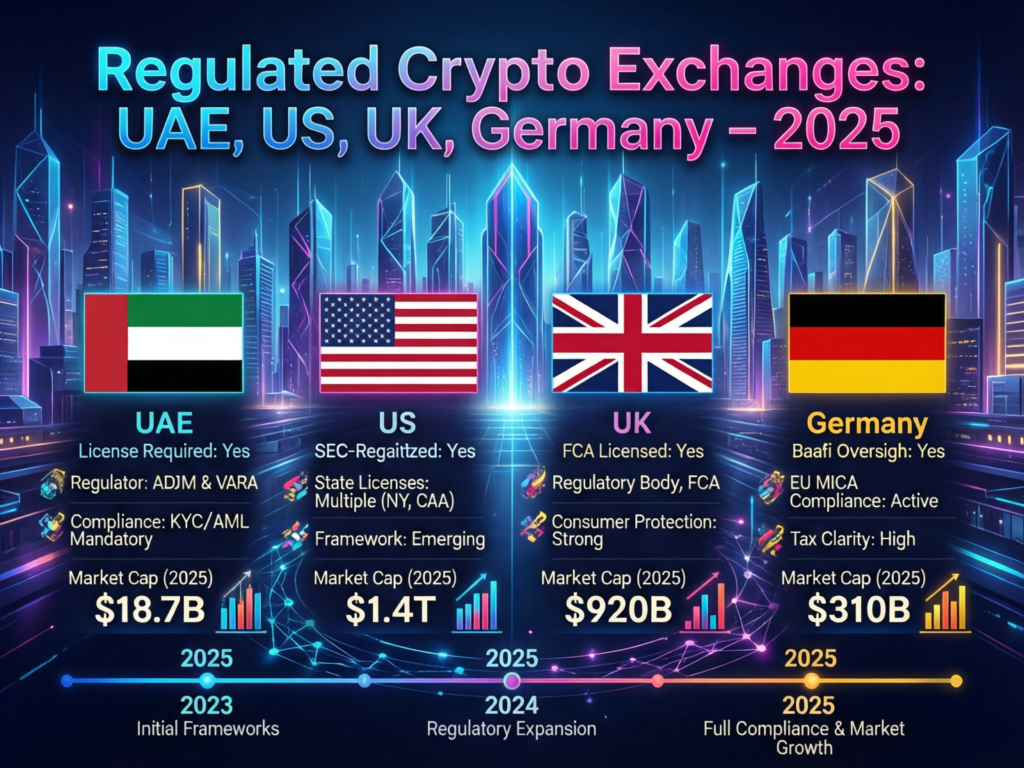 Comparison of regulated crypto exchange considerations in UAE, US, UK and Germany for 2025