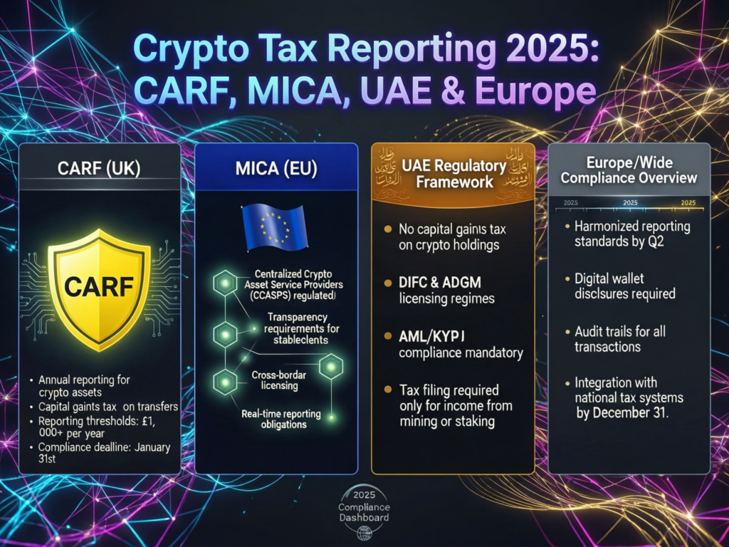 Illustration of CARF and MiCA crypto tax reporting flows between UAE, UK and EU in 2025