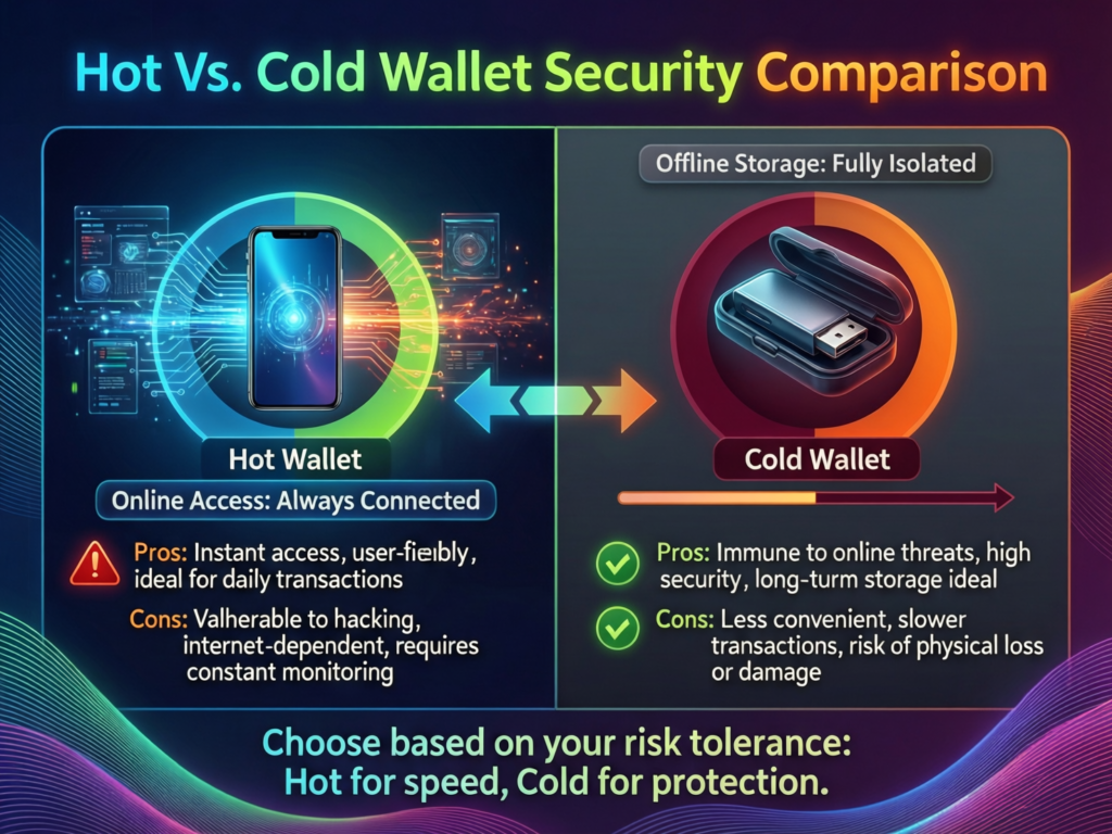 Diagram comparing hot wallet vs cold wallet security for storing crypto safely