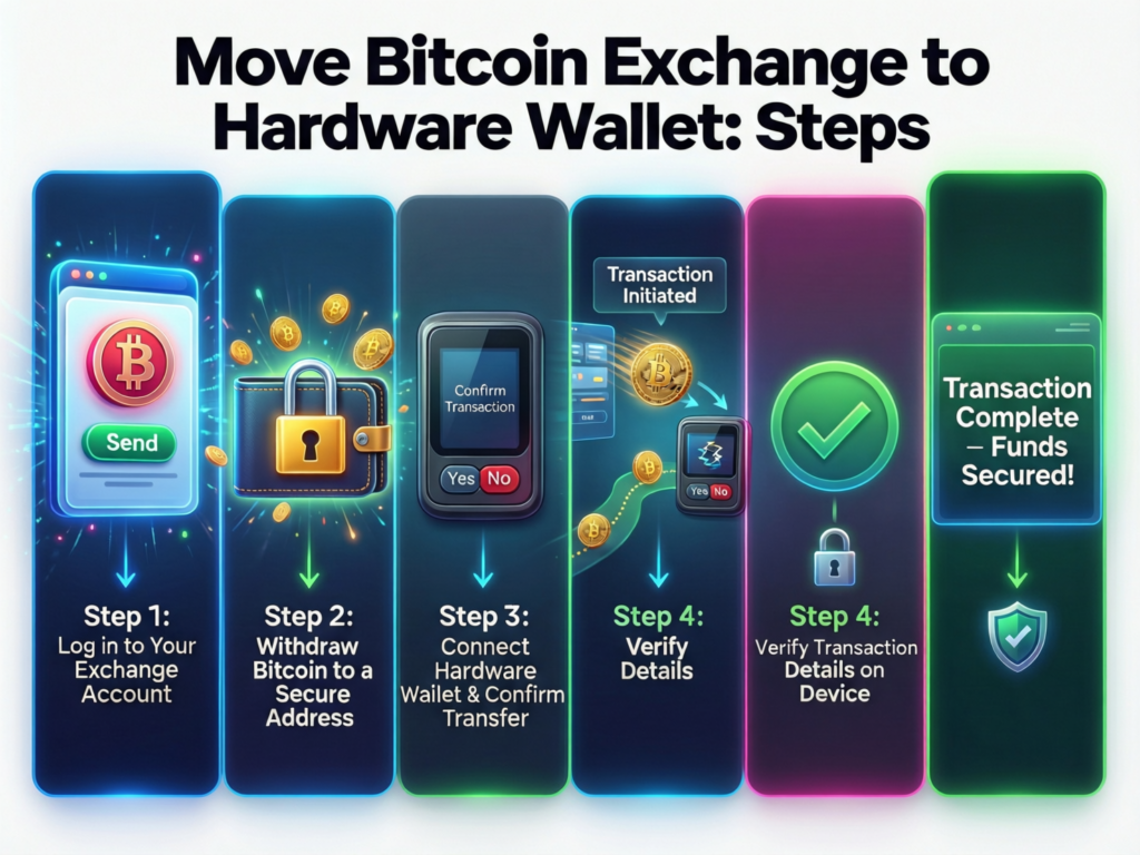 Step-by-step flow of moving Bitcoin from an exchange to a hardware wallet safely