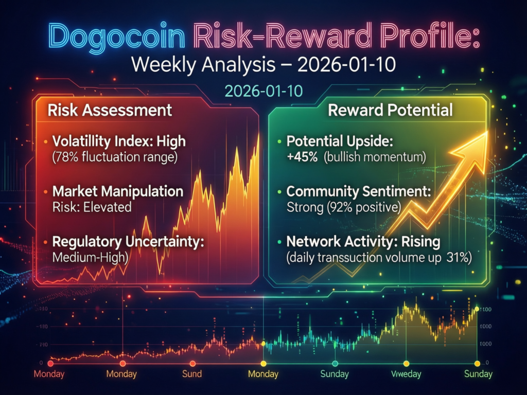 “Dogecoin price analysis this week showing balanced risk and reward with bullish and bearish arrows around DOGE coin”