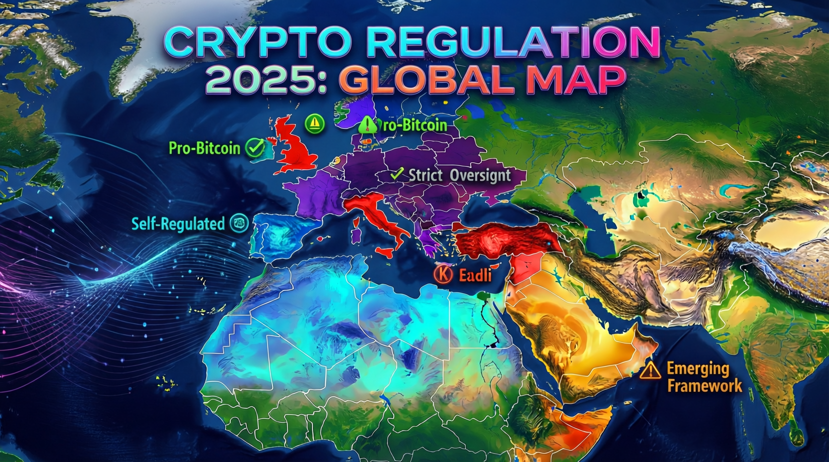 crypto-regulation-2025-global-map-uae-eu-uk-saudi.png Global map illustrating crypto regulation 2025 focus areas in the UAE, Saudi Arabia, EU and UK