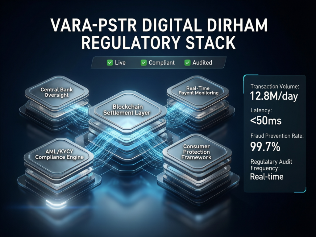 Crypto Regulation 2025: UAE, Saudi, EU & UK Guide 2 Diagram of Dubai VARA, UAE PTSR and Digital Dirham regulatory stack for virtual assets and stablecoins