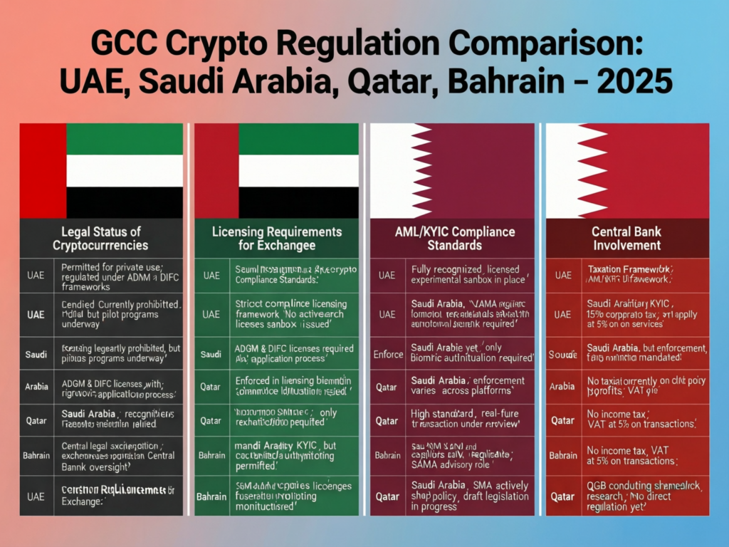 Crypto Regulation 2025: UAE, Saudi, EU & UK Guide 3 Table-style visual comparing GCC crypto regulation openness across UAE, Saudi Arabia, Qatar and Bahrain in 2025