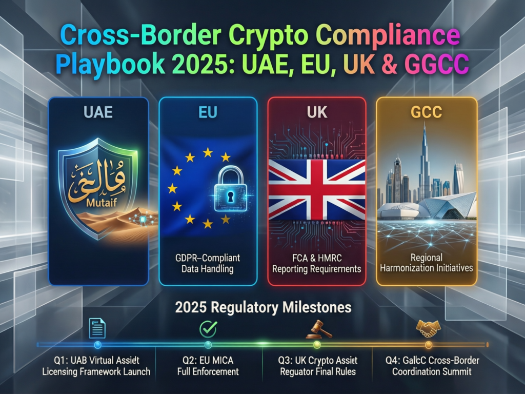 Crypto Regulation 2025: UAE, Saudi, EU & UK Guide 5 Cross-border crypto compliance playbook diagram for 2025 across UAE, EU, UK and GCC