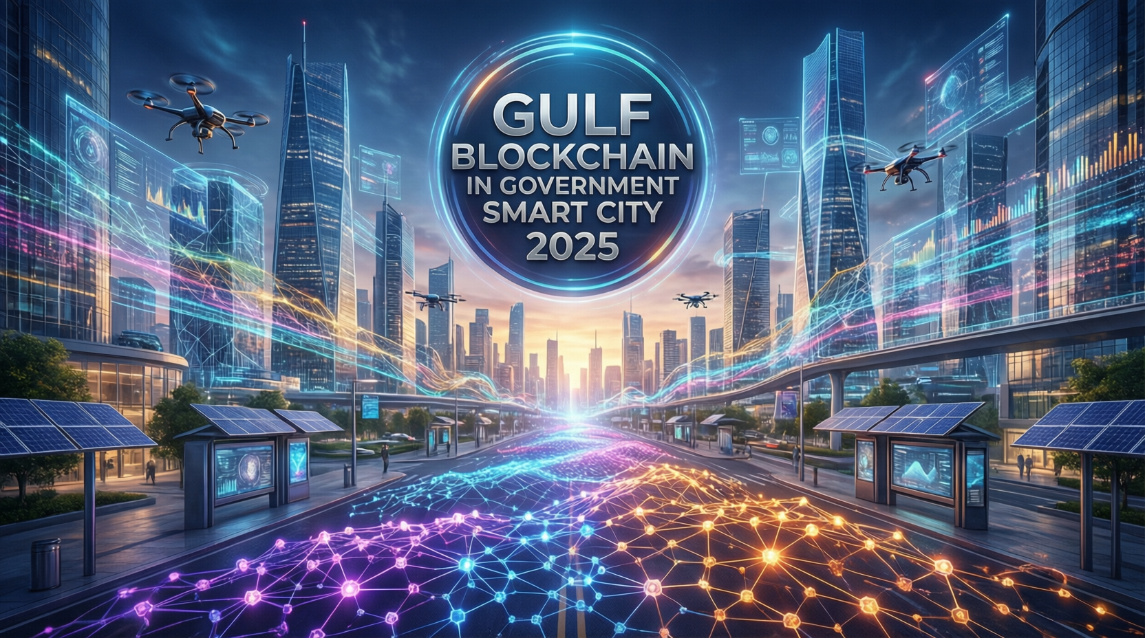 gulf-blockchain-in-government-smart-city-2025.png : Smart city skyline illustrating blockchain in government services across Gulf states