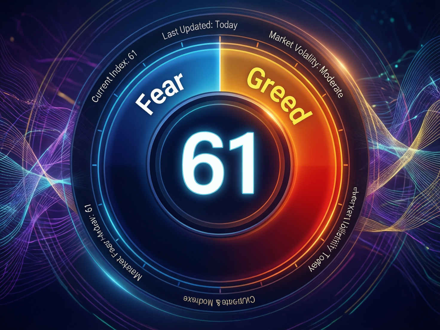 “Crypto Fear & Greed Index at 61 gauge reading”