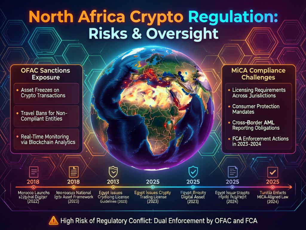 Crypto Adoption in North Africa: Data-First Guide 4 North Africa crypto regulation overview showing OFAC, MiCA and FCA risk for investors.