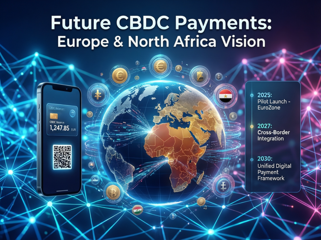Crypto Adoption in North Africa: Data-First Guide 5 Concept of future CBDC and crypto payment flows between Europe and North Africa.