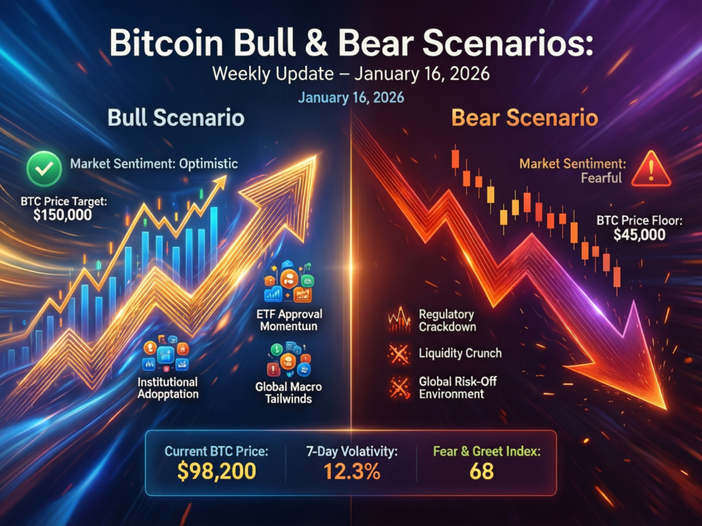 Bitcoin (BTC) Weekly Update ETF Inflows Return as Price Swings Between $90K and $97K (Jan 16, 2026) 5 Balanced artwork of bullish and bearish forces pulling on a large Bitcoin coin, symbolizing different scenarios in this week’s BTC price analysis.”