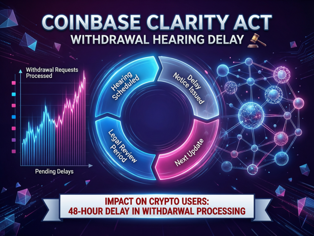 “Coinbase headquarters exterior with Clarity Act headlines”