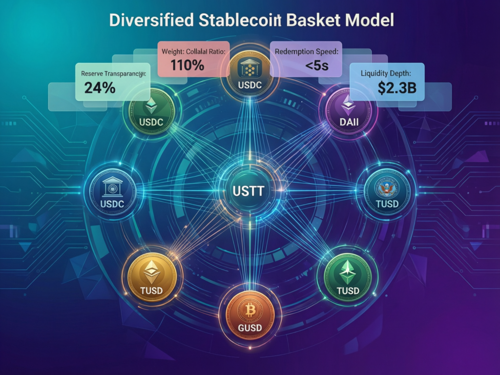 Graphic showing diversified collateral backing a decentralized stablecoin