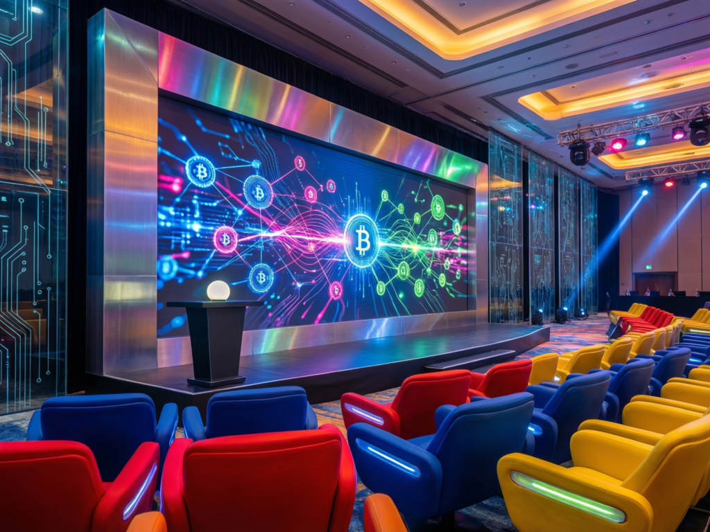 Main stage of a Dubai crypto conference 2025 with TOKEN2049 and Blockchain Life style branding