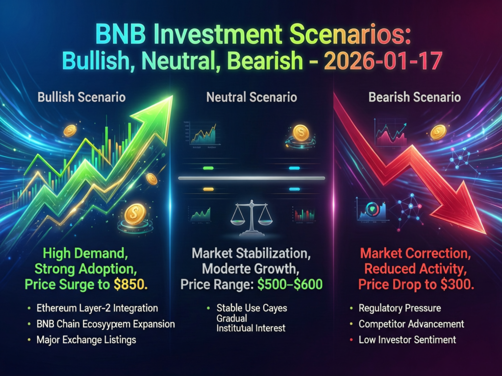 BNB (Binance Coin) Weekly Update: Fermi Upgrade, Token Burn and $900–$950 Price Range – Jan 17, 2026 5 “Three-path scenario concept for BNB price with bullish, neutral and bearish trend lines from current 900–950 range”