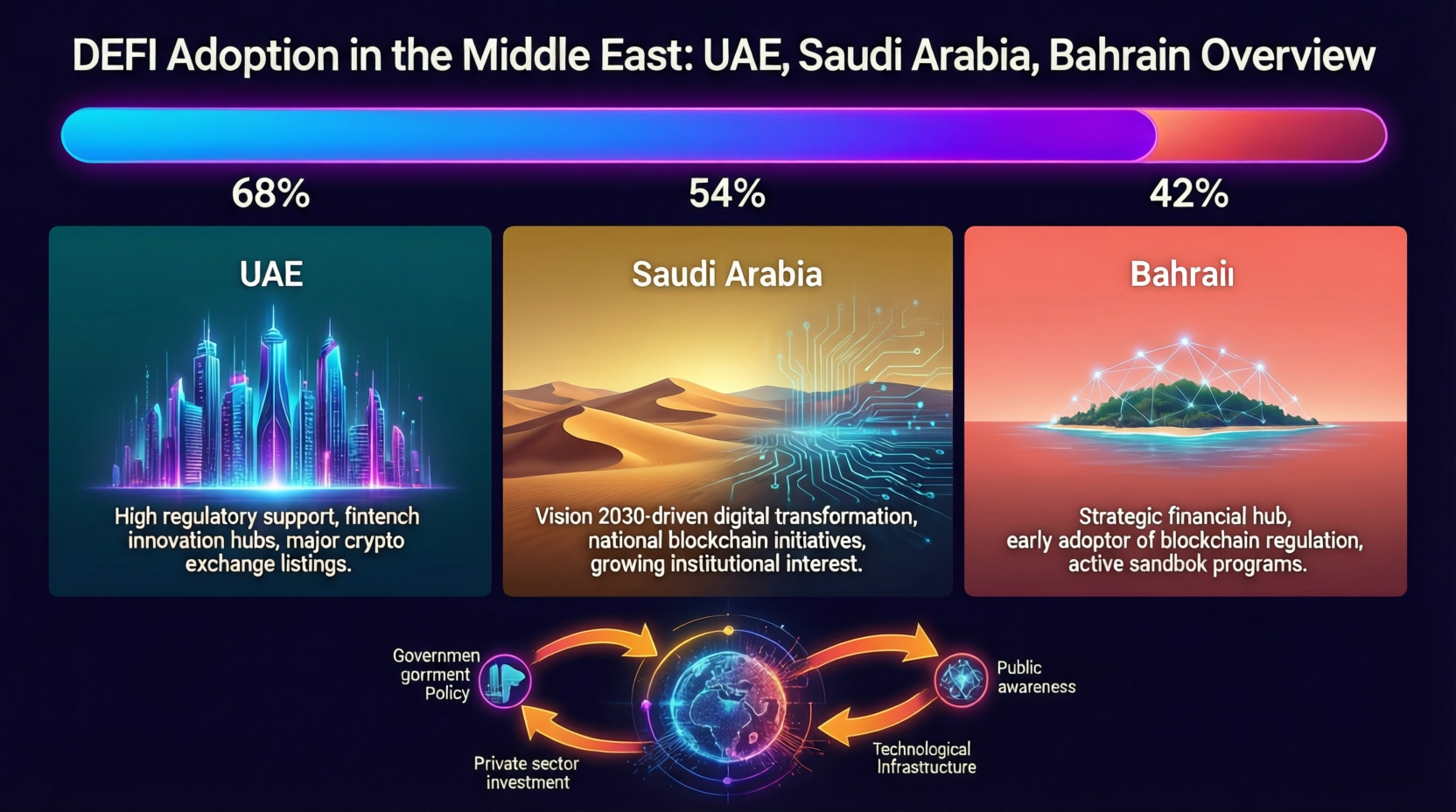 Overview of DeFi adoption in the Middle East showing UAE, Saudi Arabia and Bahrain leading