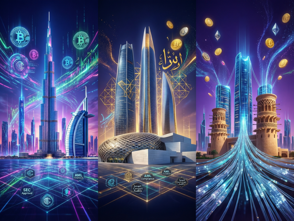 Illustration of Gulf crypto hubs and DeFi regulation in Dubai, Abu Dhabi and Manama