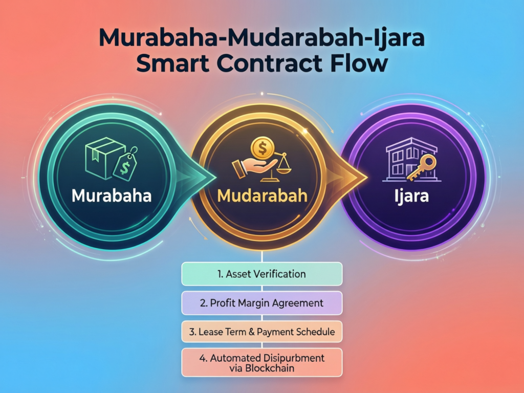 Smart Contracts in Islamic Finance: A Shariah-Safe Guide 2 Flowchart of murabaha, mudarabah and ijara smart contracts for Islamic banks Prompt:
