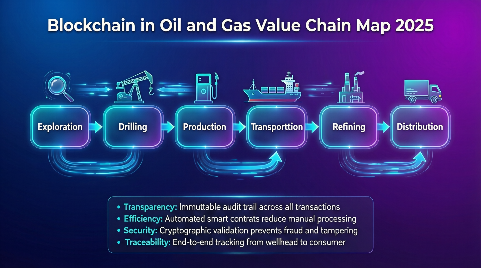 blockchain-in-oil-and-gas-value-chain-map-2025.png : Value chain diagram showing how blockchain in oil and gas connects upstream, midstream and downstream operations