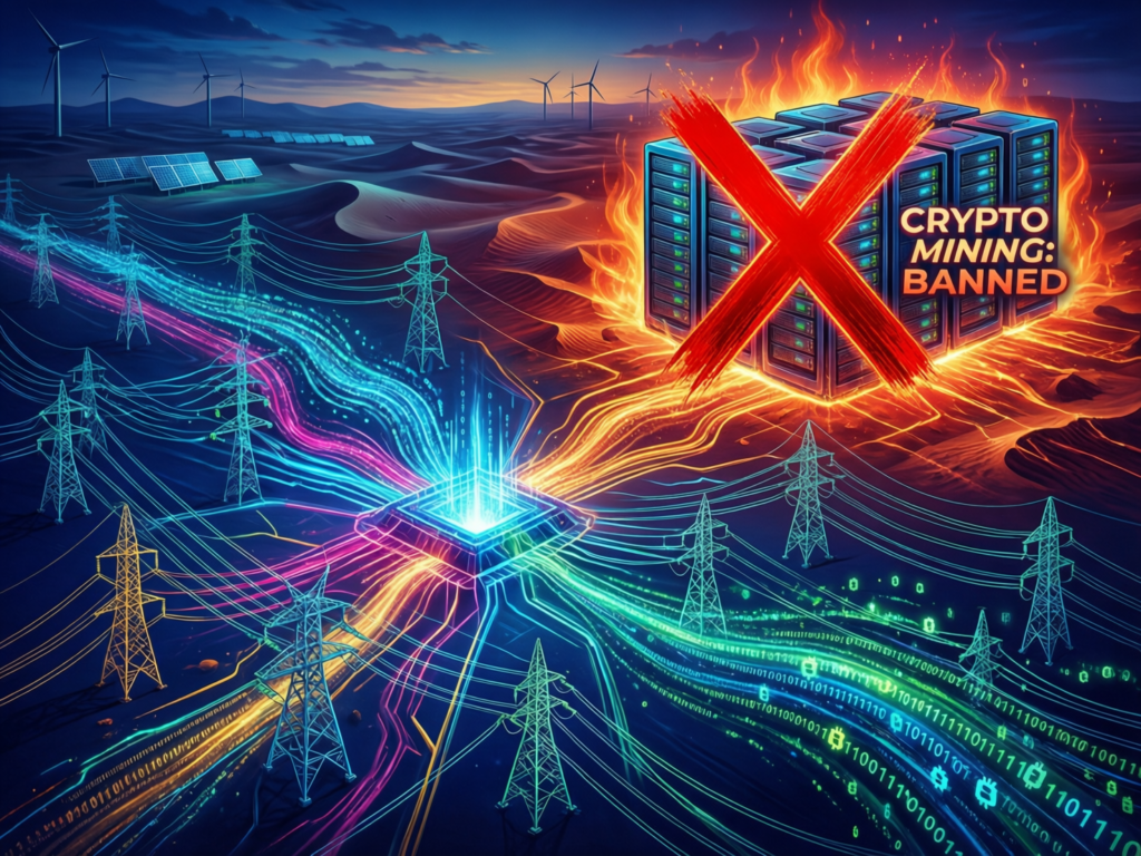 Concept image of Kuwait cryptocurrency mining restrictions and energy-grid concerns