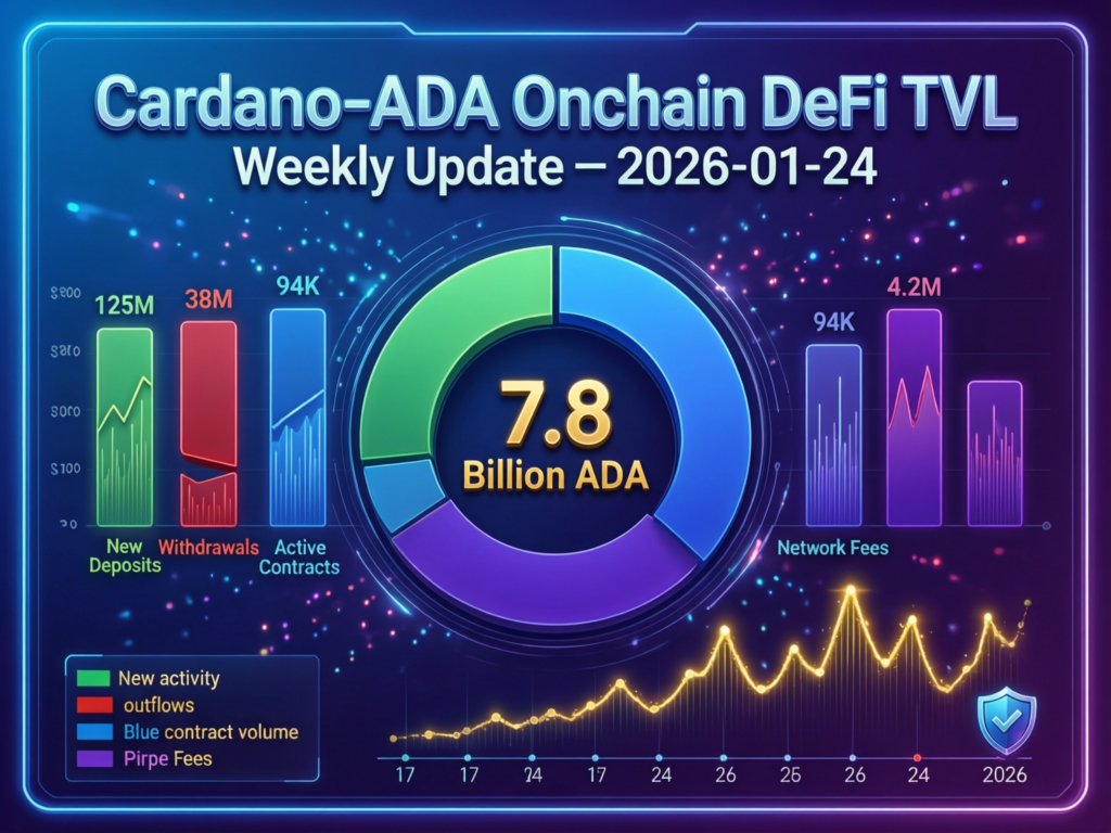 “Dashboard-style visualization representing Cardano ADA on-chain activity and DeFi TVL trends for this week”