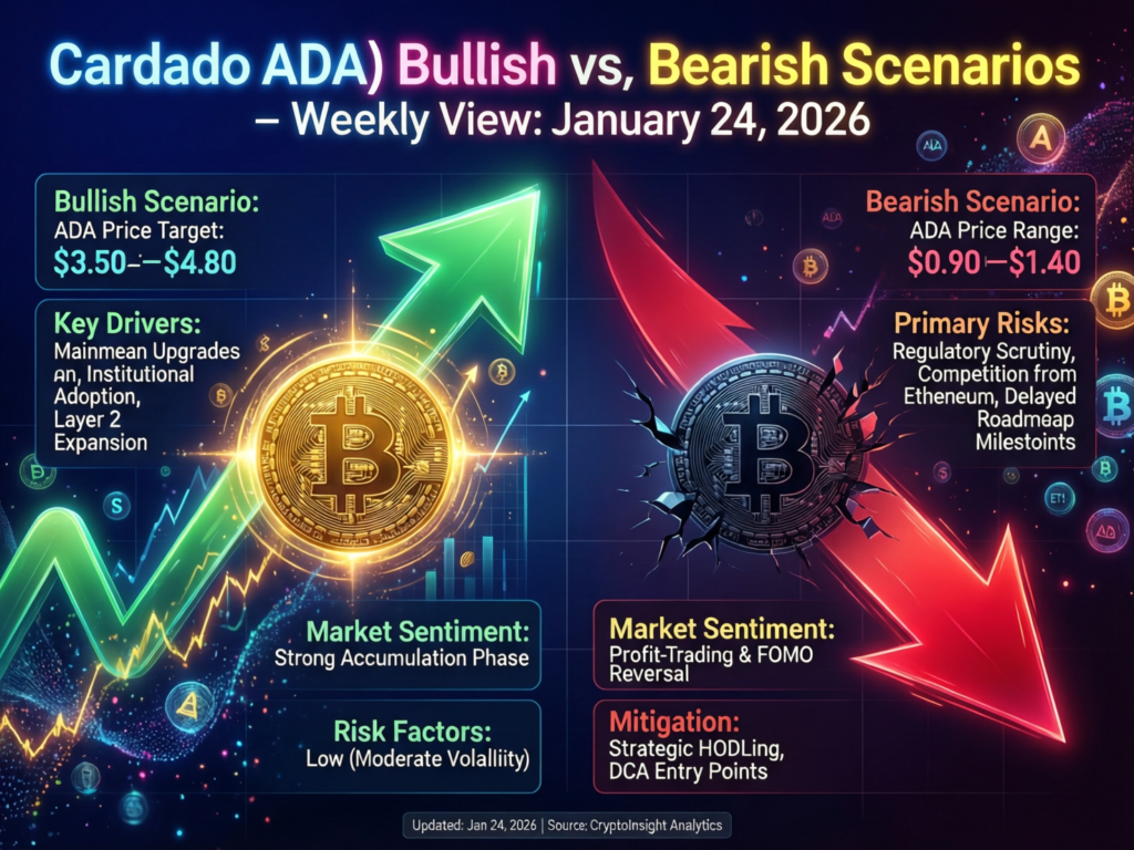“Cardano ADA weekly outlook showing forked bullish and bearish paths symbolizing different price scenarios”