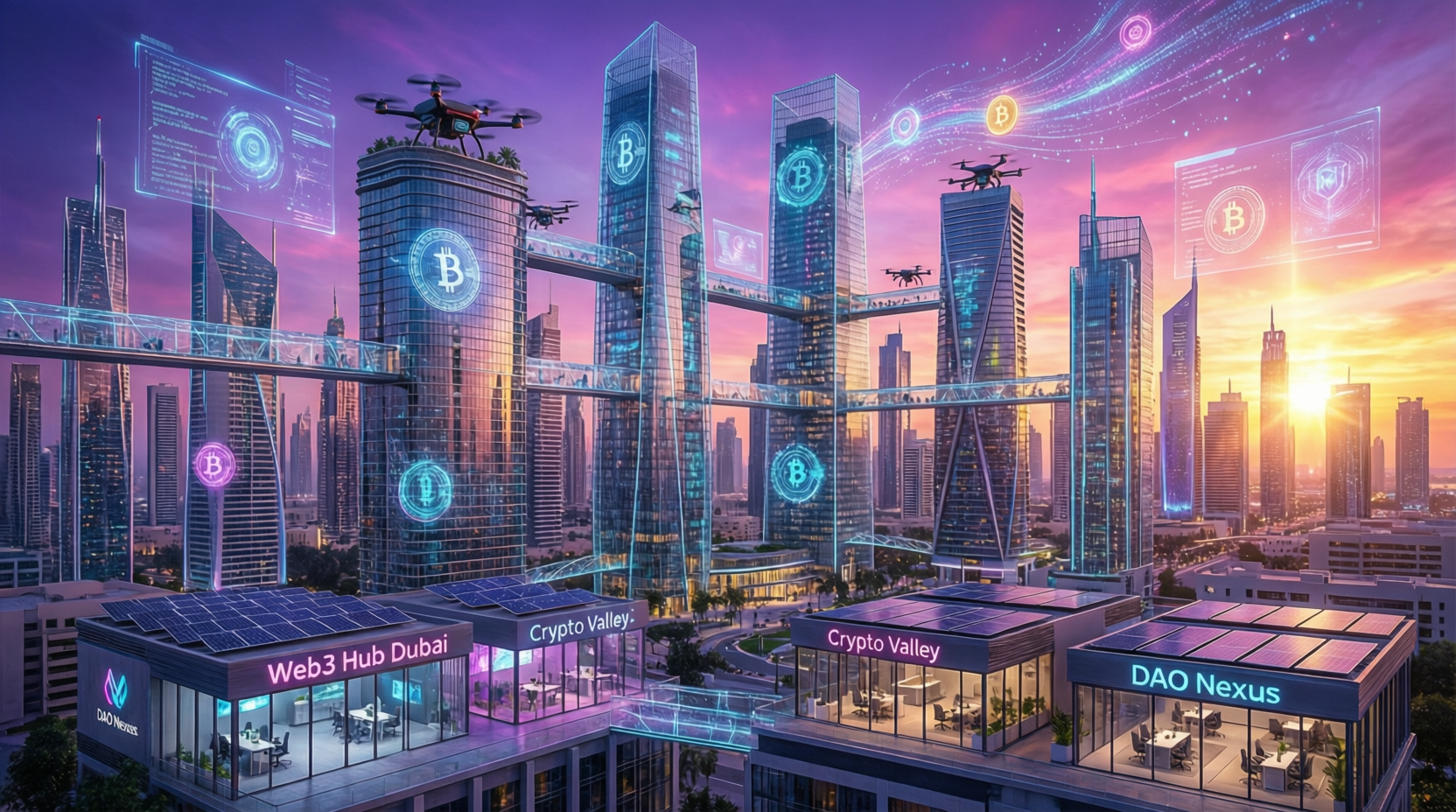 Dubai Web3 startup ecosystem skyline with DMCC and DIFC towers
