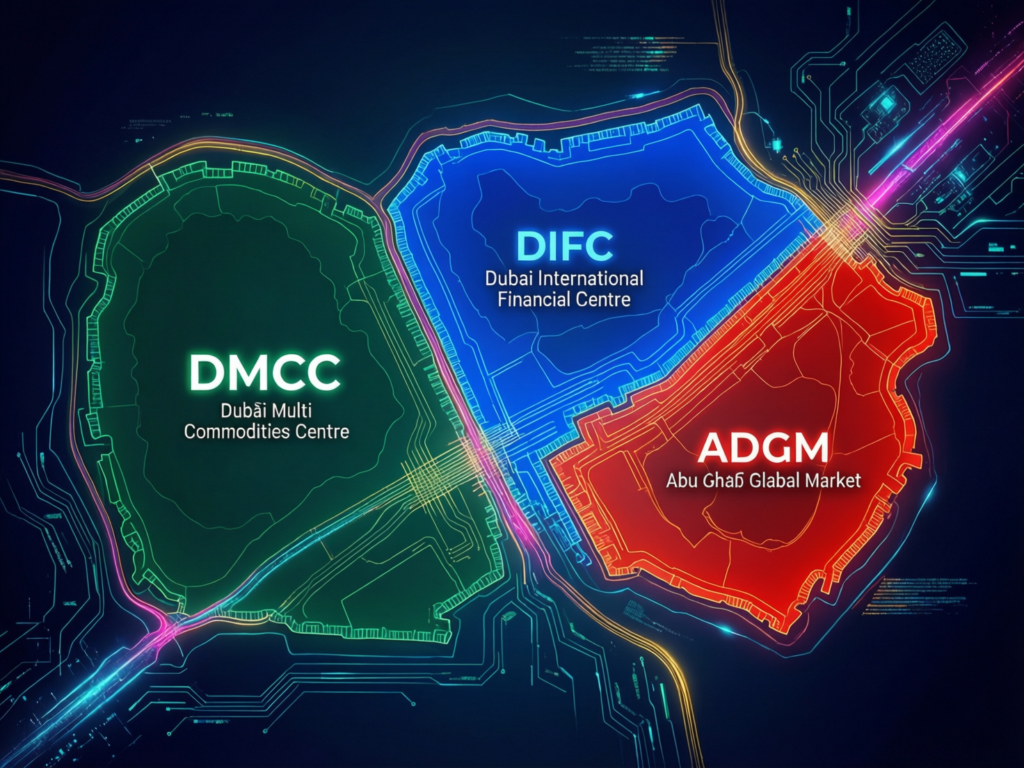 Map of Dubai Web3 startup ecosystem free zones including DMCC, DIFC and ADGM