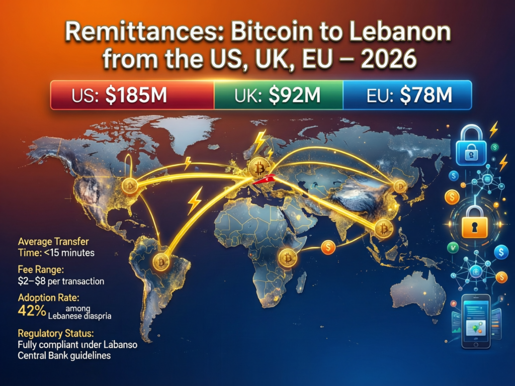 Diagram of sending bitcoin remittances to Lebanon from the US, UK and EU