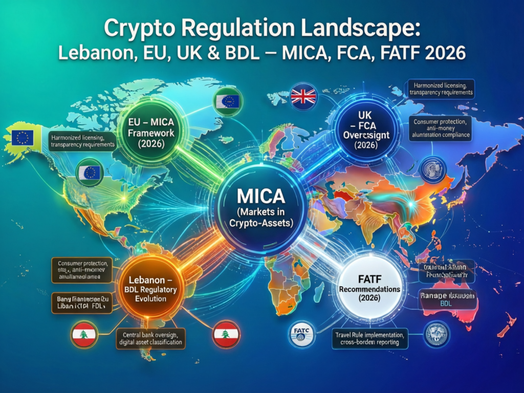 Visual of crypto regulation affecting bitcoin in Lebanon from BDL, FATF, MiCA and FCA