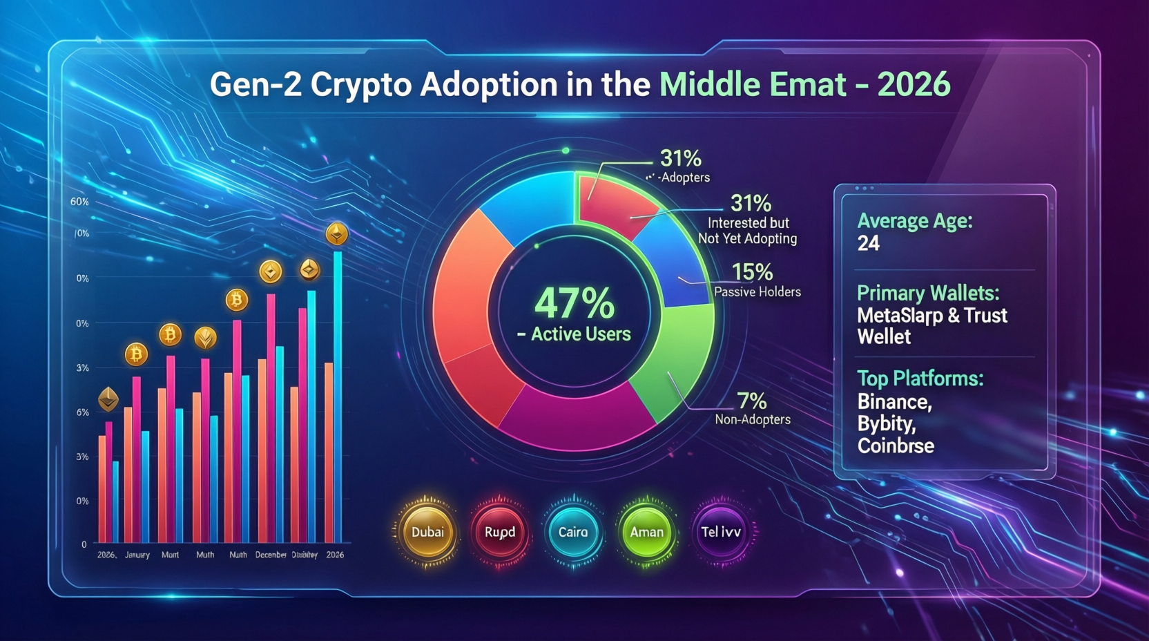 Data dashboard visualizing Gen Z crypto adoption in the Middle East with stats for UAE, Saudi Arabia, Egypt, and Türkiye